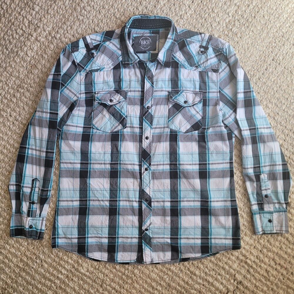BKE Buckle XXL Long Sleeve Snap Turquoise Blue Black Plaid Lake Charles Shirt